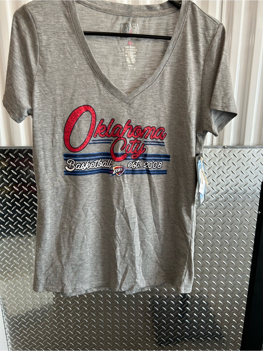 NBA Gray V-Neck Oklahoma City Basketball Tee with Red and Blue Logo